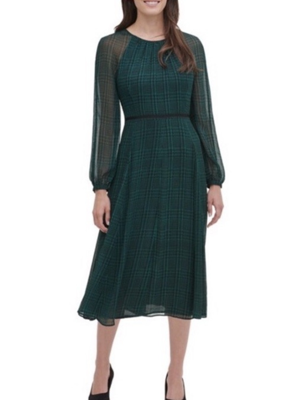 Tommy Hilfiger Forest Green Plaid Chiffon Midi Dress